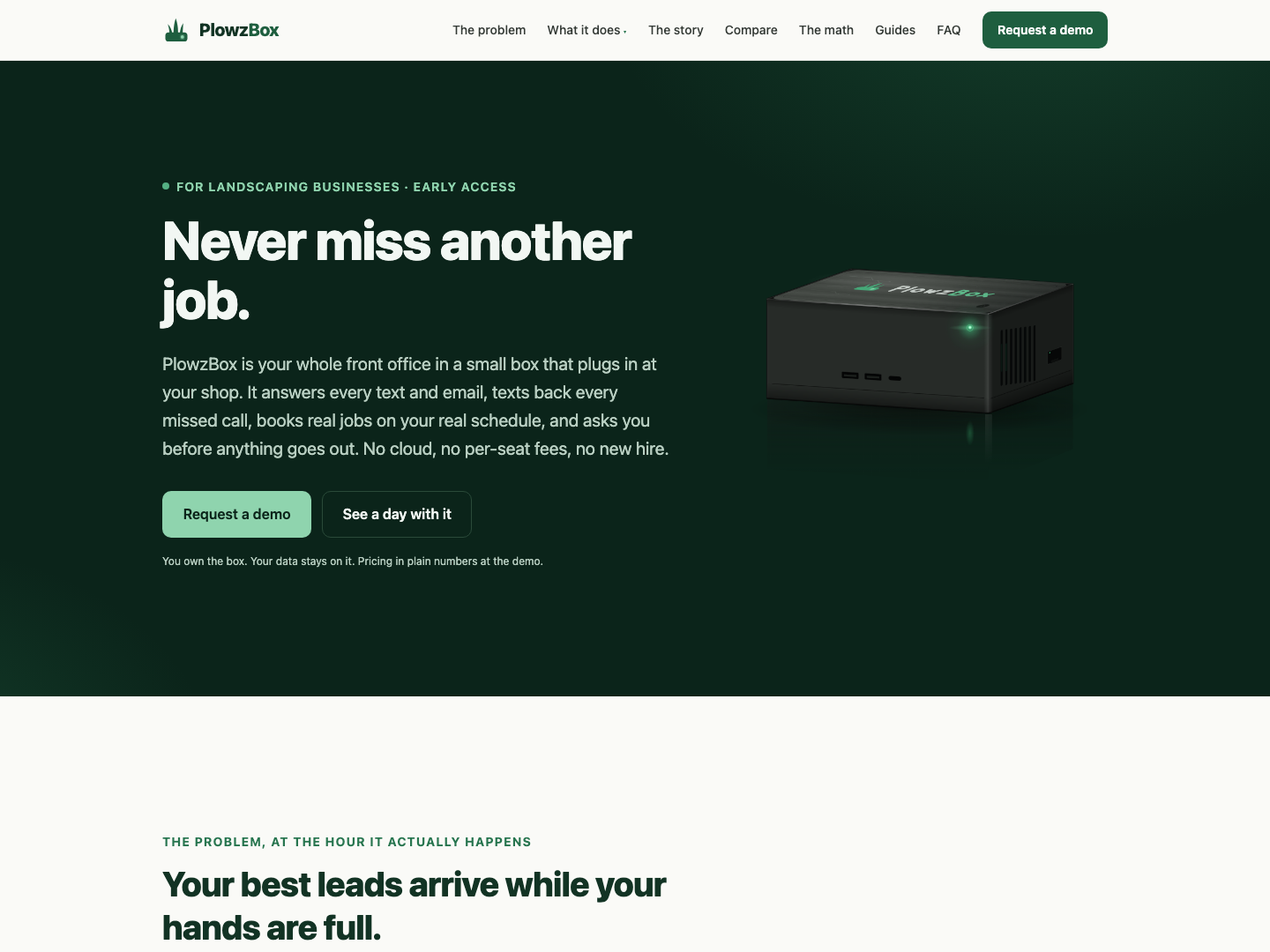 The PlowzBox website home page, with the headline Never miss another job, a description of the device, and a photograph of the small black PlowzBox unit.