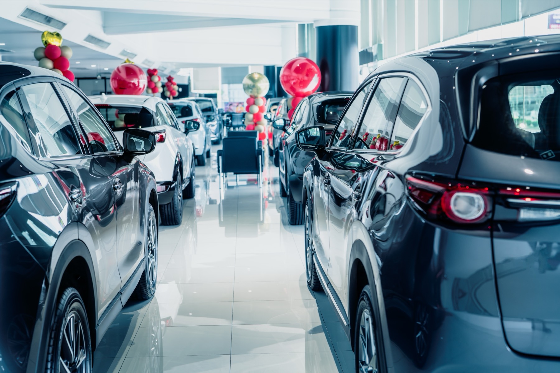 New cars lined up on a bright dealership showroom floor