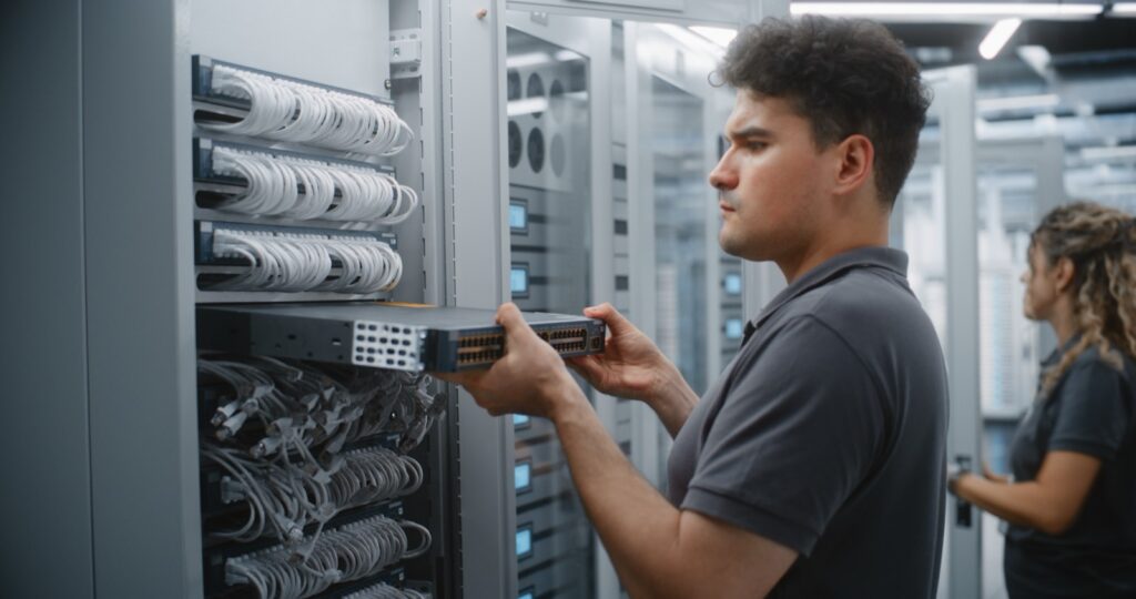 An IT technician holding a network switch at an open server rack, with patch cabling dressed behind it.