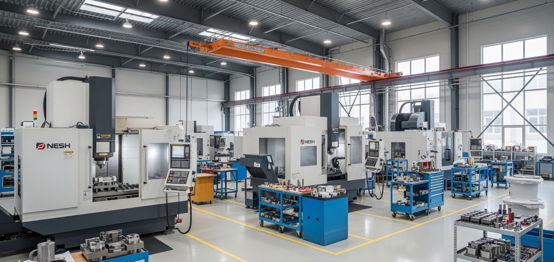 CNC machining centers and workbenches on a manufacturing floor