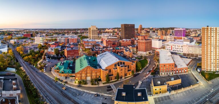 Aerial view of downtown Syracuse, New York at dusk